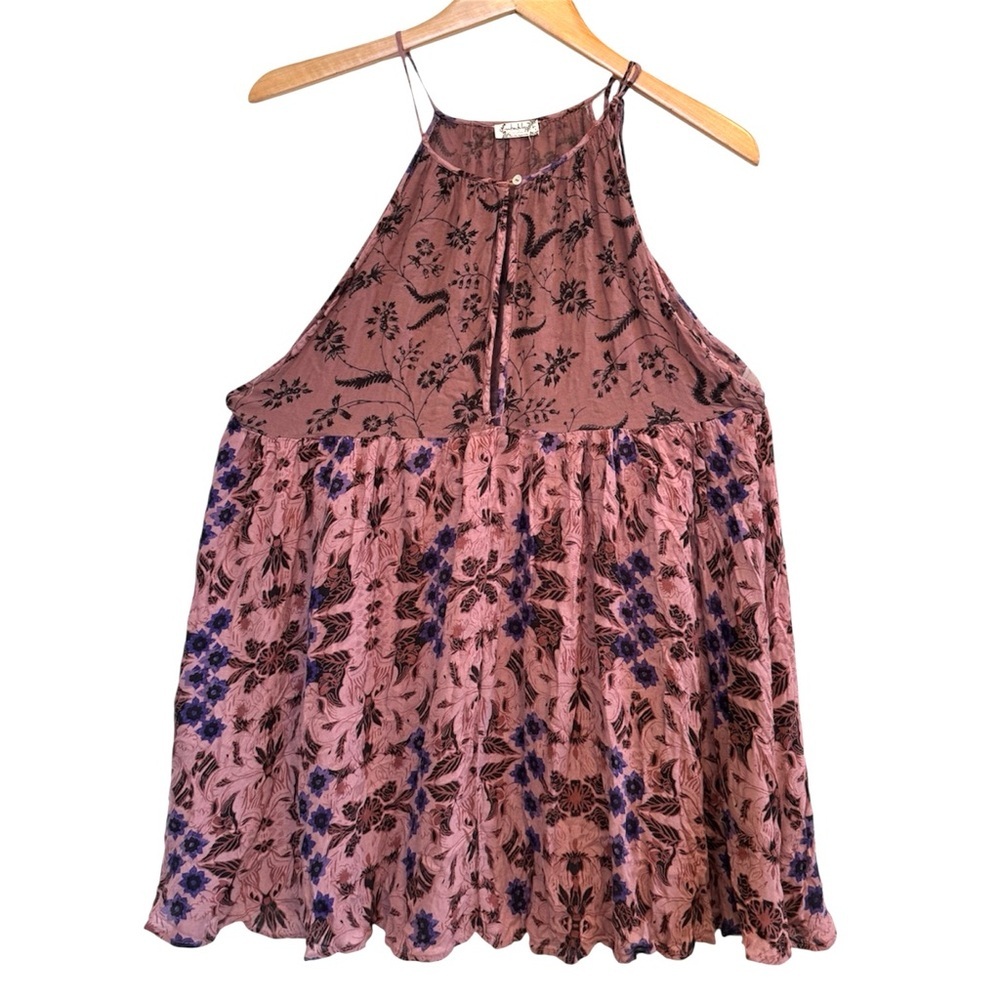 Free People Intimates Swing Top Maroon Blue Oversized Size Medium Floral Print